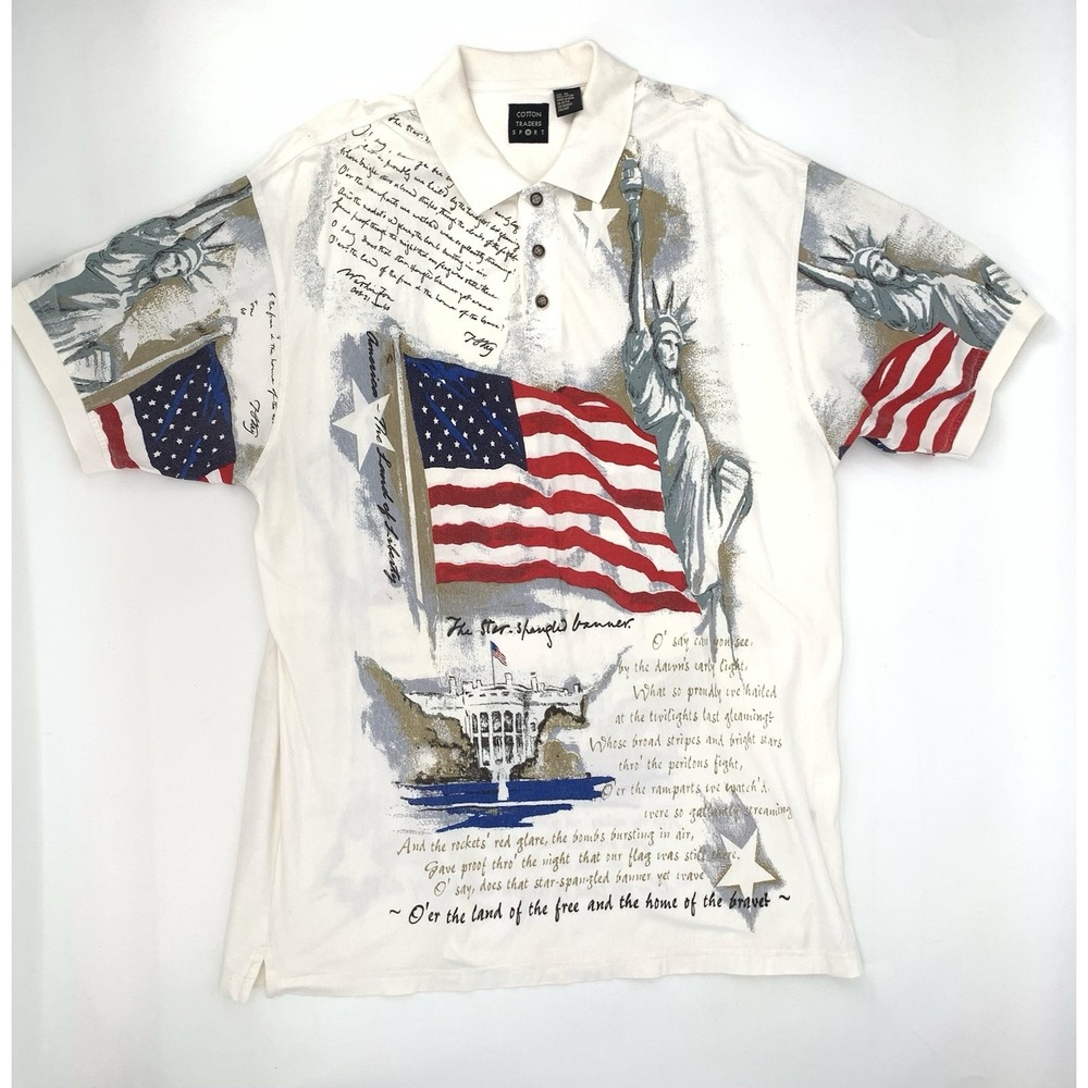 Cotton Traders Patriotic American Flag/Statue of Liberty Men's Polo Shirt Sz XL